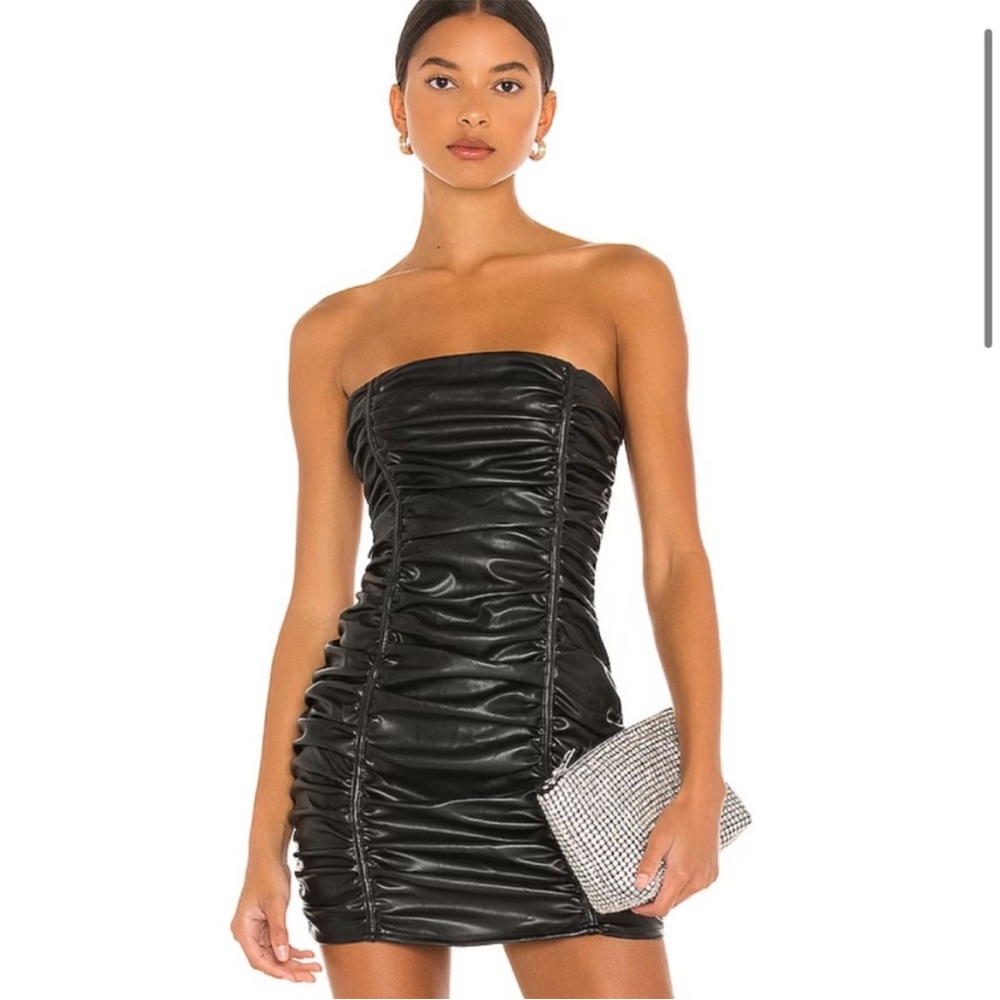 superdown Lily Ruched Mini Dress Black Faux Leather Bodycon